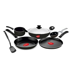 Pigeon Favourite 7 Piece Gift Set Non-Stick Coated Comes With Fry Pan, Kadhai, Lid, Sauce Pan, Spatula, Tadka Pan And A Tawa – Gas Stove Compatible (Black)