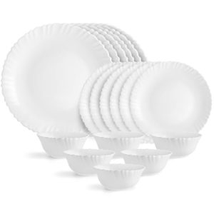 Cello Opalware Dazzle Series Plain Dinner Set, 18 Units | Opal Glass Dinner Set For 6 | Light-Weight, Daily Use Crockery Set For Dining | White Plate And Bowl Set