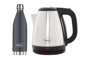 Pigeon 1.5 L Kettle With 1000 Ml Aqua Flask (Pack Of 2, Black, Steel)