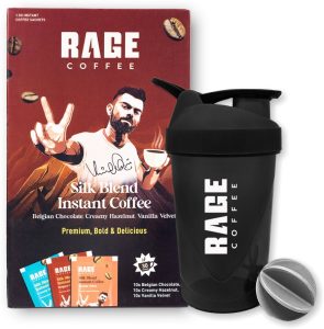 Rage Silk Blend Coffee 30 Sachets – Vanilla, Chocolate, Hazelnut + 400Ml Shaker Combo(550 Gms)