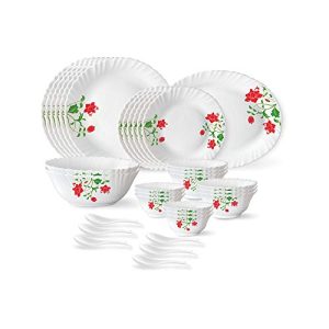 Larah By Borosil Hazel Fluted Series Opalware Dinner Set | 33 Pieces For Family Of 6 | Microwave & Dishwasher Safe | Bone-Ash Free | Crockery Set For Dining & Gifting | Plates & Bowls | White