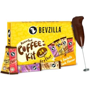 Bevzilla 24 Flavoured Coffee Sachets & Frother Coffee Kit (24 X 2 Gram Sachets) | Makes 24 Cups | 6 Sachets Each Flavour | Turkish Hazelnut, Colombian Gold, French Vanilla & English Butterscotch | 100% Arabica Coffee