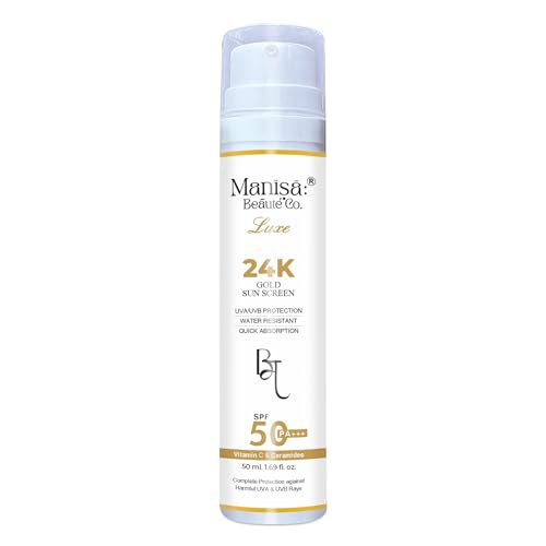 Manisa Beaute Co. Luxe 24K Gold Sunscreen With Spf 50+ Pa+++ | Vitamin C & Ceramides | No White Cast | Water Resistant | 50 Ml