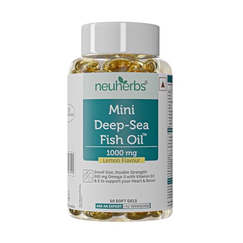 Neuherbs Mini Deep Sea Fish Oil Omega 3 Capsule 1000Mg- 60 Softgels For Men & Women |2X Omega 3 With 360Mg Epa & 240Mg Dha | Fish Oil Capsules With Vitamin D3 & E -Lemon Flavour, 71 Grams