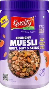 Kwality Crunchy Muesli Fruit,Nut &Seed 87% Multigrains,High In Fibre,Protein & Iron Jar(1 Kg)