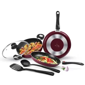 Milton Pro Cook Kitchen Pride Set Of 5 Non Stick Cookware | Non Induction I Cooking Pan, Kadhai With Lid, Tawa, Nylon Laddle & Spatula I Peach
