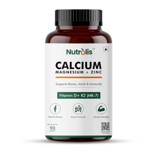 Nutrolis Calcium Magnesium Zinc Supplement – 90 Tablets With Vitamin D3 & K2 For Bone Health, Joint Mobility, Immunity Boost, And Muscle Function – Gluten-Free