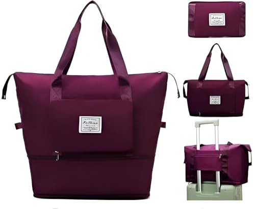 41L Expandable Travel Duffel For Women � Wheeled& Foldable Weekender Bag With Telescoping Handle � Perfect For Personal Items, Overnight Trips & Gym Gear (Wine-Bz-01)