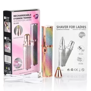 2-in-1 Eyebrow Trimmer & Facial Hair Remover for Women | Rechargeable Epilator with Built-in Ring Light – Gold | Face, Upper Lips, Chin, Nose, and Cheeks Hair Removal Tool (RAINBOW)
