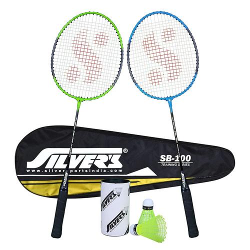Silver’s SB-100 Combo-2 (2 B/Badminton Rackets with 1 Full Cover + 2 Pcs Plastic Shuttle) Green-Blue, Steel