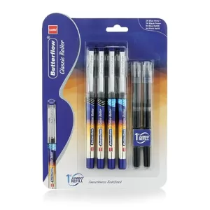 Cello Butterflow Classic Roller Pen Set | Pack Of 4 Roller Pens | 2 Blue & 2 Black Ink Colour Pens + 2 Jumbo Refills | Smooth Writing Experience | For Students And Office Use | Best Pen For Exams
