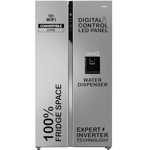 Haier 596 L, Wi-Fi Enabled Water Dispenser Frost Free, 2-Door Side By Side Refrigerator With 100% Convertible Fridge Space & Expert Inverter Technology (Hrs-682Swdu1, Shiny Steel)