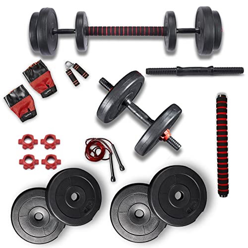 Lifelong Llpvchgc05 Pvc Home Gym Set 15Kg Plate With Extension Barbell Rod And Dumbbells Rods With Gym Accessories For Home Workouts (Black, 6 Months Manufacturer’S Warranty)