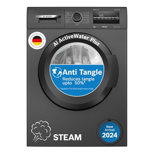 Bosch 7 Kg, 5 Star, Ai Active Water+, Anti Stain, Steam Antibacteria, Allergy Plus, Fully-Automatic Front Loading Washing Machine (Waj24209In, Black, In-Built Heater, Anti Wrinkle, Anti Tangle)