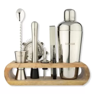 Car-O-Bar Bar Kit | Bar Set For Home – 10 Piece Bartender Kit :Cocktail Shaker, Bar Spoon, Jigger, Muddler, Strainer, Wine & Beer Bottle Opener, 2 Pour Spouts, Tong, Wooden Stand