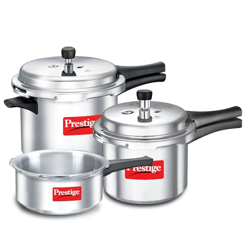 Prestige 2L+3L+5 Litres Popular Max Outer Lid Aluminium Combo Pressure Cooker With 2 Lids |Pressure Indicator | Gas & Induction Compatible |Metallic Safety Plug| Gasket-Release System