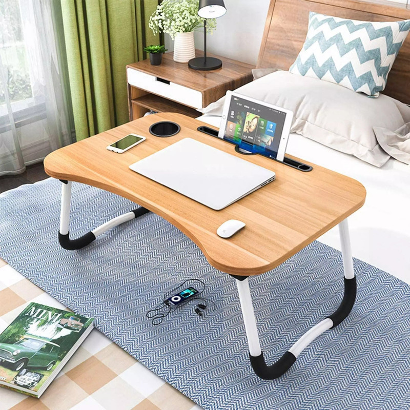 Kaizone Multipurpose Foldable With Cup Holder, Study , Bed Wood Portable Laptop Table(Finish Color – Brown, Pre Assembled)