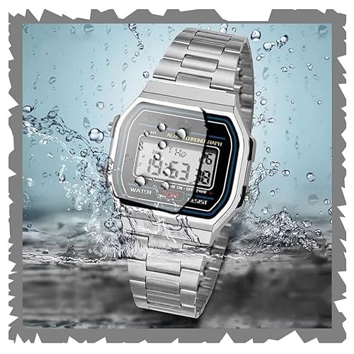 Goldenize Fashion Trending Casual Digital Black Grey Alarm Slim Dial Men’S & Women’S Stainless Steel Chain Watch For Couple Gift (Silver)