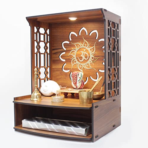 Heartily® Mangal Beautiful Wooden Pooja Stand For Home Pooja Mandir For Home Temple For Home And Office Puja Mandir For Home Wall Mounted With Led Spot Light Size (H- 15.5, L- 11.5, W-11 Inch)