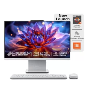 Lenovo Ideacentre Aio Ryzen 7 7735Hs 23.8″ Fhd Ips All-In-One Desktop (16Gb Ram/512Gb Ssd/Win11/Microsoft 365 Basic + Office Home 2024/3Wx2 Speakers/5Mp Camera/Wireless Keyboard & Mouse), F0Hr008Yin
