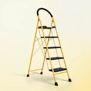 Houza 5-Step Foldable Steel Ladder – Heavy-Duty Anti-Slip, Safe & Stylish | Durable Yellow & Black Finish | Made In India | 5-Year Warranty