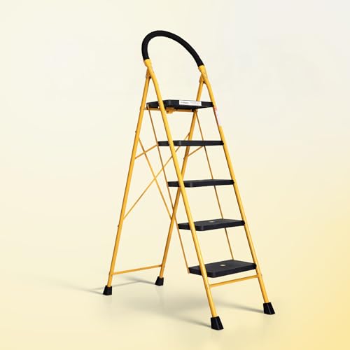 Houza 5-Step Foldable Steel Ladder – Heavy-Duty Anti-Slip, Safe & Stylish | Durable Yellow & Black Finish | Made In India | 5-Year Warranty