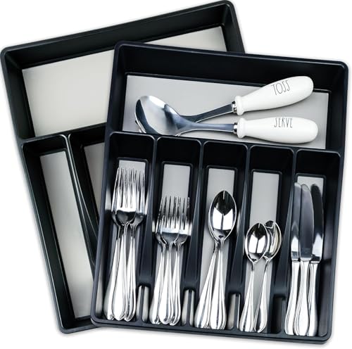 Wall Interiors 6-Compartment Kitchen Drawer Organizer – Black Flatware Tray For Forks, Spoons & Knives – Non-Slip Utensil Divider For Kitchen Storage