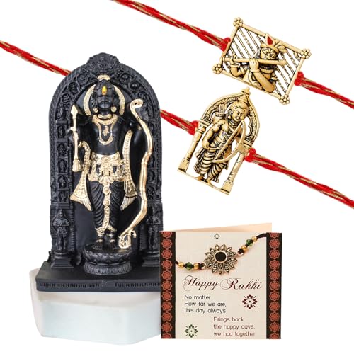 Tied Ribbons Rakhi For Brother With Gift Combo – Set Of 2 Premium Rakhis With Ram Lalla Idol Statue And Greeting Card- Raksha For Brother Bhaiya Bhabhi Kids Boys Men (Design 3, Fantasy, Black, Gold)