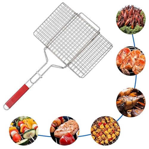 Portable Bbq Grill Net Basket – Mild Steel Grilling Tray With Wooden Handle For Barbecue, Roasting, Camping, Outdoor Cooking, Fish, Meat, Vegetables