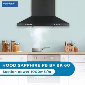 Eurodomo Hood Sapphire Pb Bf Bk 60 Pyramid Shape 60 Cm| 3 Layer Baffle Filter|Powerful Suction | 5 Years Motor Warranty| Low Noise |Led Lamp | Push Button Control Wall Mounted Black 1000 Cmh Chimney