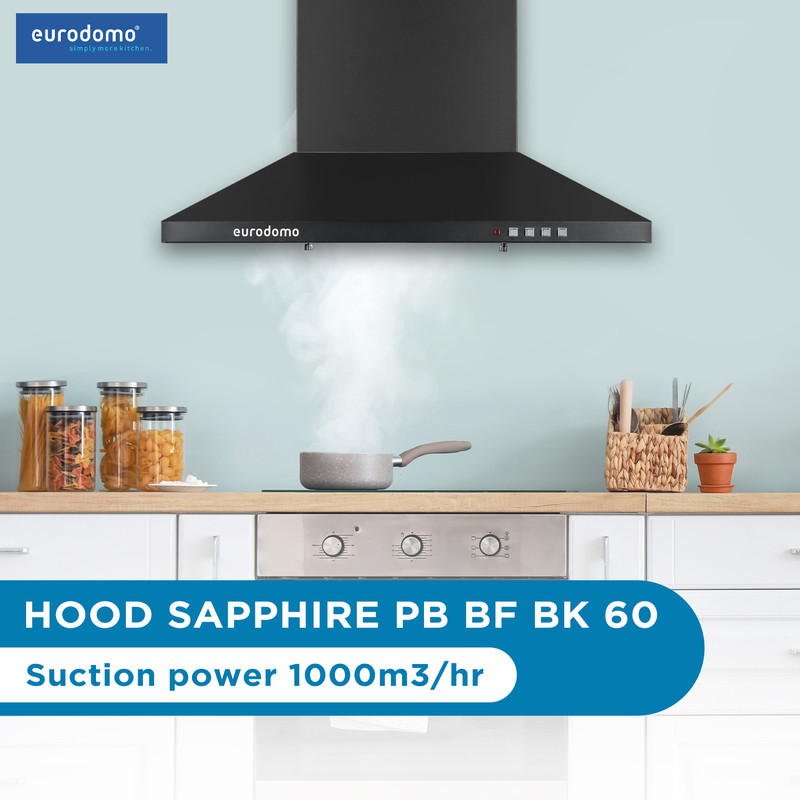 Eurodomo Hood Sapphire Pb Bf Bk 60 Pyramid Shape 60 Cm| 3 Layer Baffle Filter|Powerful Suction | 5 Years Motor Warranty| Low Noise |Led Lamp | Push Button Control Wall Mounted Black 1000 Cmh Chimney