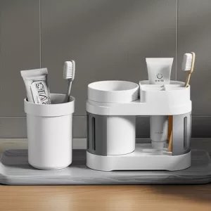 Cortina All-In-One Bathroom Organizer, Toothbrush Holder, Toothpaste Shelf & Rinse Cup Set, Brush Stand | Off-White – Grey, Single Cup
