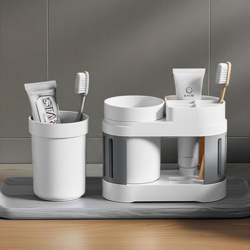 Cortina All-In-One Bathroom Organizer, Toothbrush Holder, Toothpaste Shelf & Rinse Cup Set, Brush Stand | Off-White – Grey, Single Cup