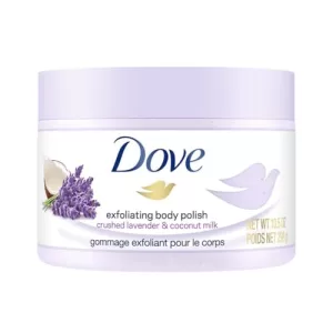Dove Exfoliating Body Polish Scrub With Crushed Lavender & Coconut Milk For Dry Skin, Gently Exfoliates & Removes Dead Skin, Naturally Derived Ingredients, Sulfate-Free, Soothing Scent, 298 G