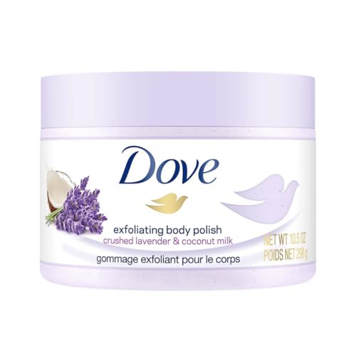 Dove Exfoliating Body Polish Scrub With Crushed Lavender & Coconut Milk For Dry Skin, Gently Exfoliates & Removes Dead Skin, Naturally Derived Ingredients, Sulfate-Free, Soothing Scent, 298 G