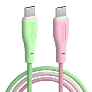 Portronics Hue X 60W Dual Tone Colour Type C Fast Charging Cable For Smartphones, Tablets,Ipads, Laptops & Other Type C Devices, 480Mbps Data Sync, Premium Braided Cable (Green+Pink)