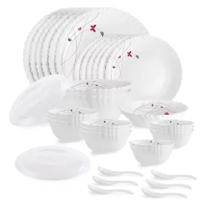 Cello Opalware Dazzle Series Lush Fiesta 35 Piece Dinner Set Serving for 6 | Bone Ash-Free | Lightweight, Elegant White Plates & Bowls Set | Opal Glass Crockery Set for Daily Use Dinning & Gifting
