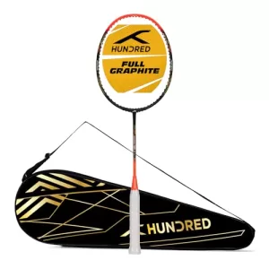 Hundred Powertek 1000 Jr Graphite Badminton Racket With Full Cover (90G, Black/Orange Red)