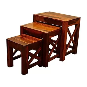 Tanwar Handicraft Sheesham Wood Nesting Table Set Of 3 Stools For Living Room (Natural Teak Finish)