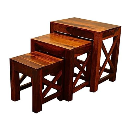 Tanwar Handicraft Sheesham Wood Nesting Table Set Of 3 Stools For Living Room (Natural Teak Finish)