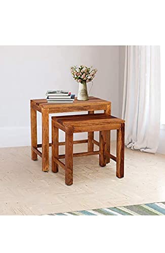 Tanwar Handicraft Solid Wood Stool Set Of 2 Pieces/Wooden Stool Set/Nesting Table Set Of 2 Pieces