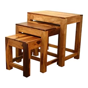 Tanwar Handicraft Solid Sheesham Wood Nesting Table Set Of 3 Stools | Bedside Table | Sofa Side Table Living Room Furniture | Nightstand Lamp Corner End Table | Natural 1810