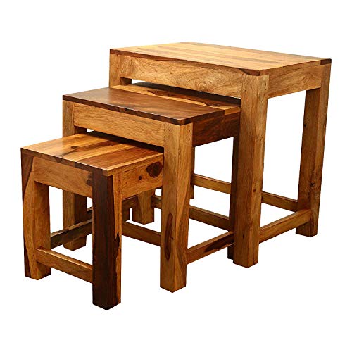 Tanwar Handicraft Solid Sheesham Wood Nesting Table Set Of 3 Stools | Bedside Table | Sofa Side Table Living Room Furniture | Nightstand Lamp Corner End Table | Natural 1810