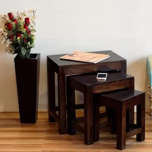 Tanwar Handicraft Solid Wood Nesting Table Set Of 3 Stools Bedside Table Nightstand Sofa Side Table, End Table For Living Room Bedroom Home Office | Nest Of Tables (Walnut Finish)