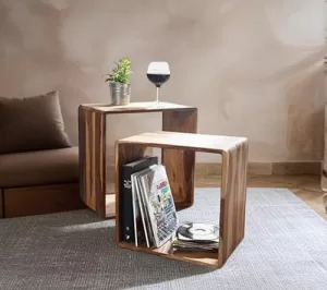 Tanwar Handicraft Sheesham Wood Bedside Table For Bedroom, Nested Cube – Set Of 2 | Durable And Sturdy End Table | Home Decor Coffee Table | Night Stand Table (Natural Finish)