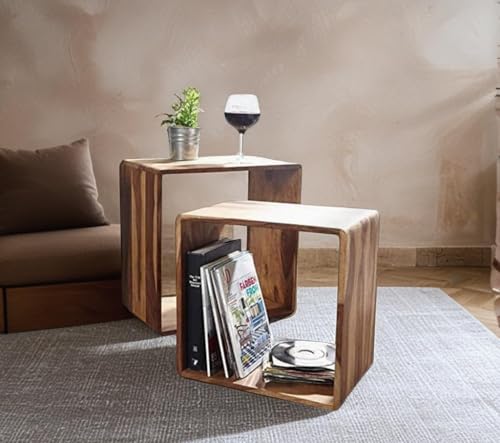 Tanwar Handicraft Sheesham Wood Bedside Table For Bedroom, Nested Cube – Set Of 2 | Durable And Sturdy End Table | Home Decor Coffee Table | Night Stand Table (Natural Finish)