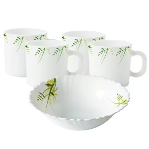 Larah By Borosil Hub Opalware Set – 4 X 180Ml Cups And 1 Snack Bowl (5 Pieces) | Microwave And Dishwasher Safe | Ideal For Tea, Coffee, And Casual Meals