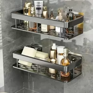 Sipplers Heavy Duty Plastic Self-Adhesive Bathroom Shelf – Multipurpose Wall-Mounted Storage Organizer For Bathroom, Kitchen, Bedroom & Office Strong, Waterproof (Black, Pack Of 1)