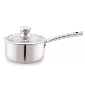 Cello Induction Base Tri-Ply Pro Sauce Pan With Glass Lid, 2.2 Litre, 18 Cm | Stainless Steel Cookware | 5 Year Warranty | Induction & Gas Base | Heavy Base | Silver