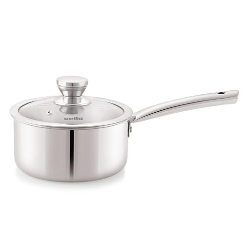 Cello Induction Base Tri-Ply Pro Sauce Pan With Glass Lid, 2.2 Litre, 18 Cm | Stainless Steel Cookware | 5 Year Warranty | Induction & Gas Base | Heavy Base | Silver